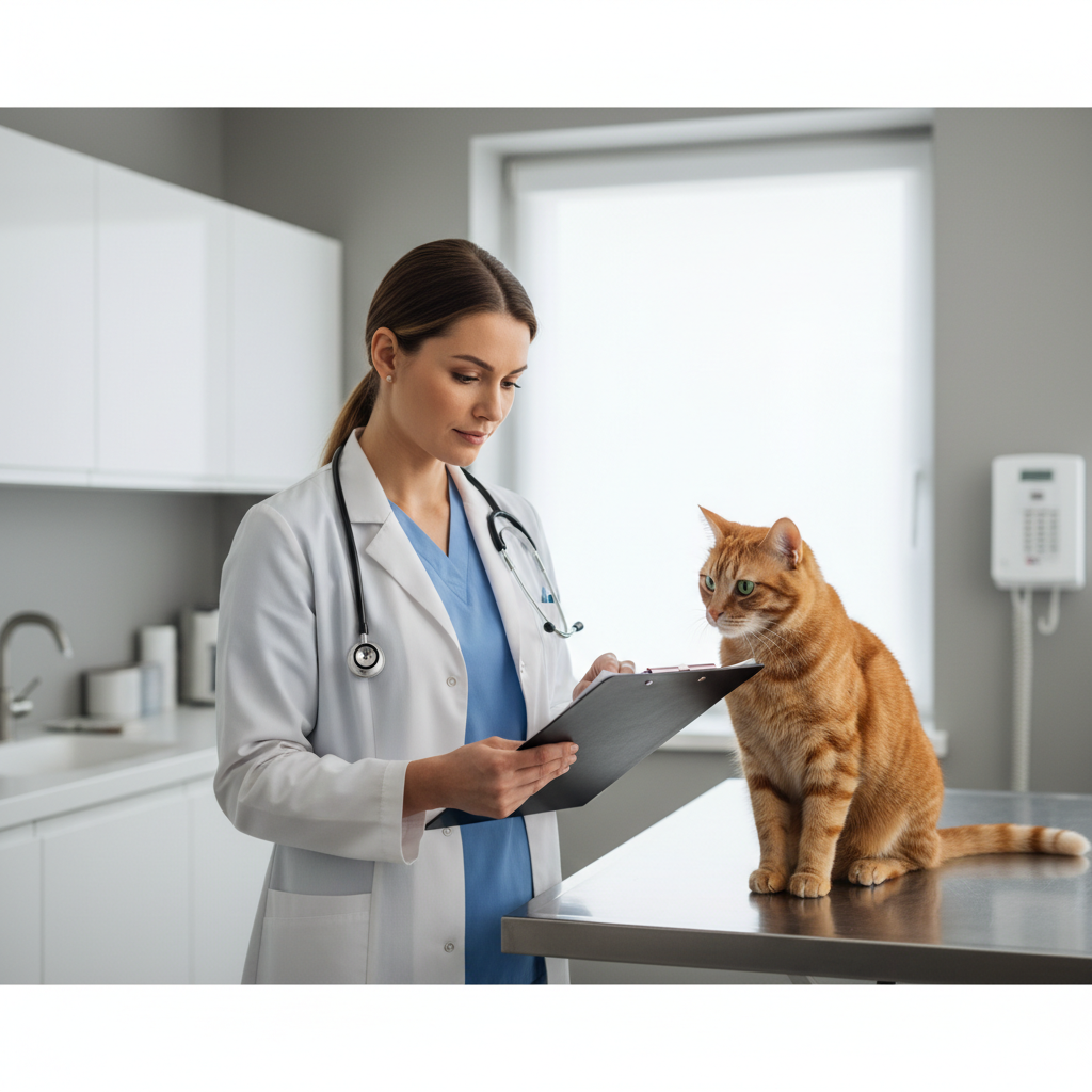 Vet reviewing urinalysis report for cat urinary diet decision