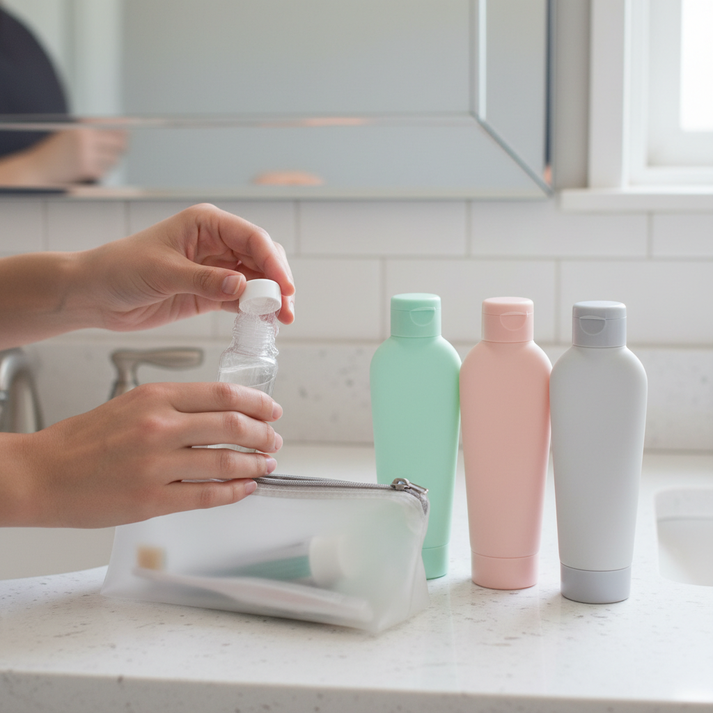 Leak prevention method for travel bottles using plastic wrap under caps