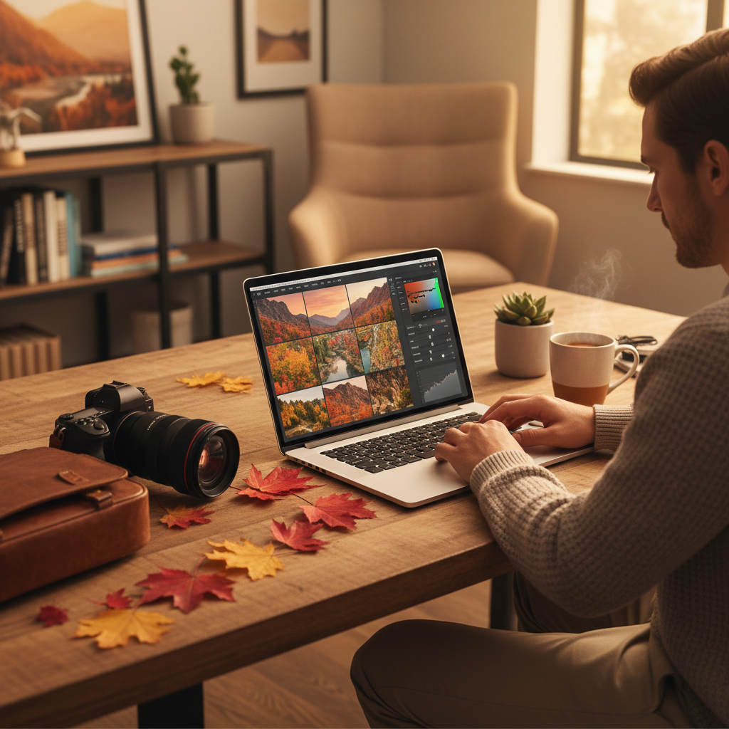 Editing fall travel photos on a laptop with natural warm color grading