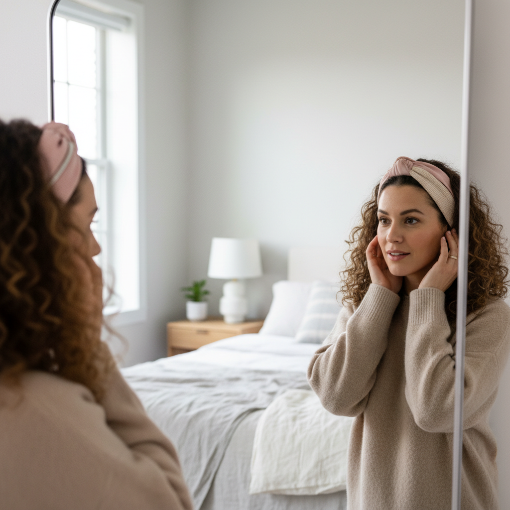 Woman trying different headband widths to match hair texture