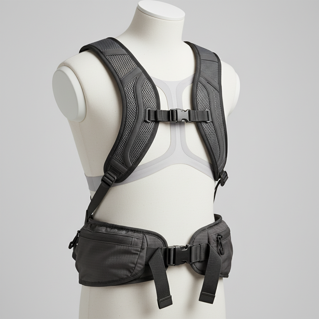 Close-up of cycling backpack straps, sternum strap, and hip belt for stability