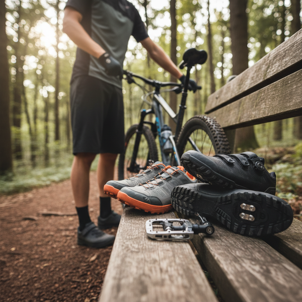 Mountain biker comparing flat and clipless mountain bike shoes at a trailhead