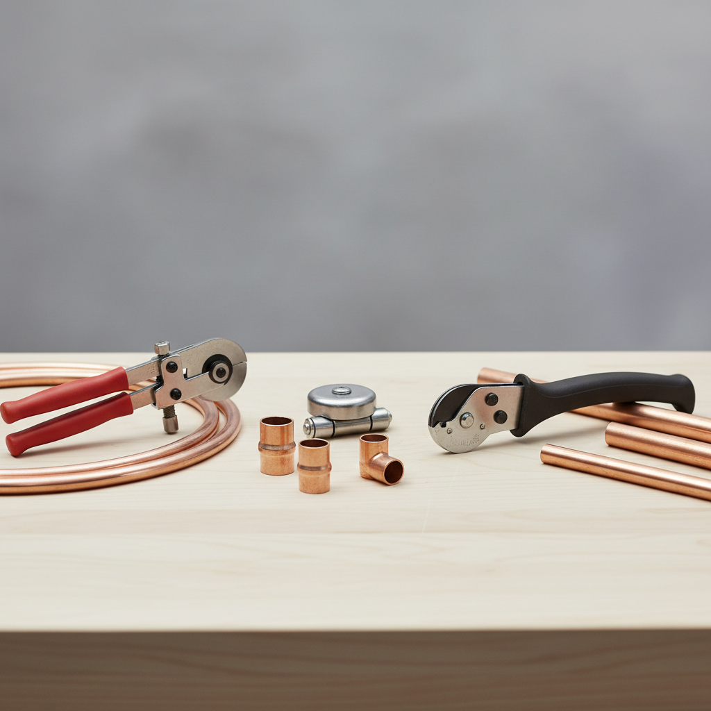 Different types of copper pipe cutters on a workbench