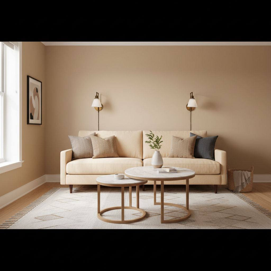 Space-saving living room setup with nesting tables and a sofa bed