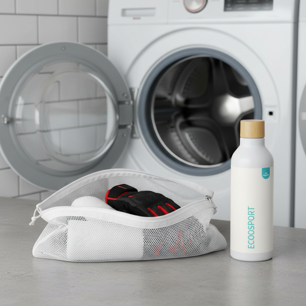 Cyclist washing wrist sweatbands in a mesh laundry bag