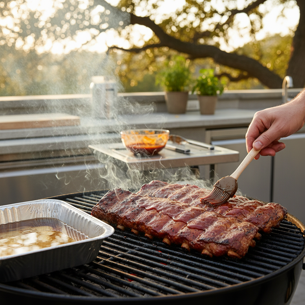 Brushing barbecue sauce on ribs before finishing on a grill