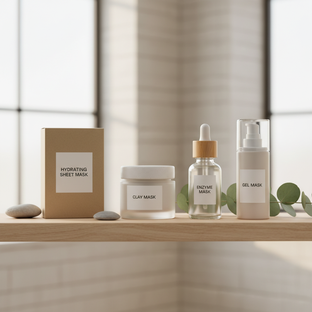 Skincare shelf with different face mask types for glowing skin