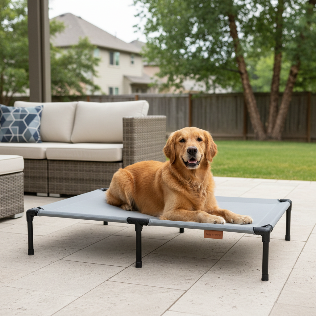 Large dog relaxing on an elevated cot bed on a shaded patio