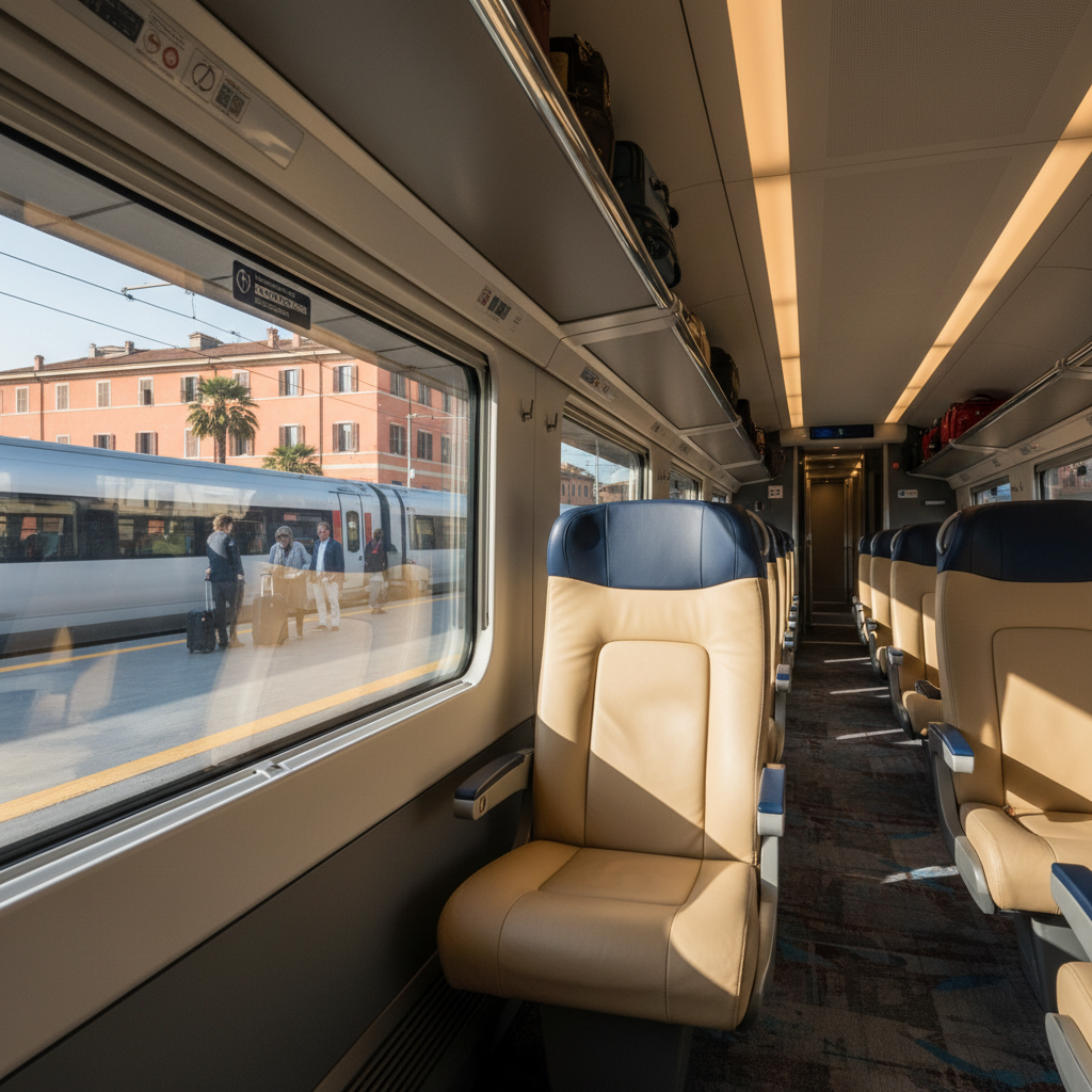 Italian high-speed train interior and platform travel scene