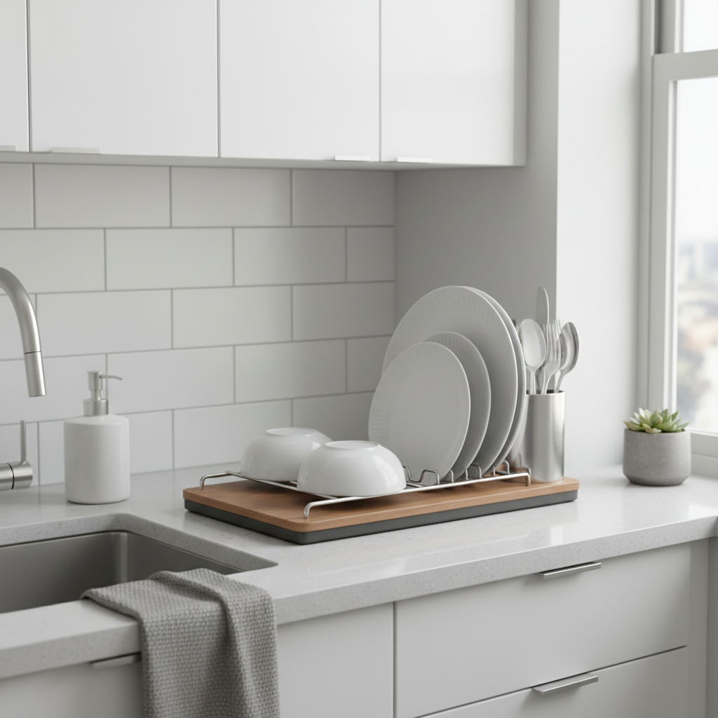 Compact dish rack on a small kitchen counter with limited space