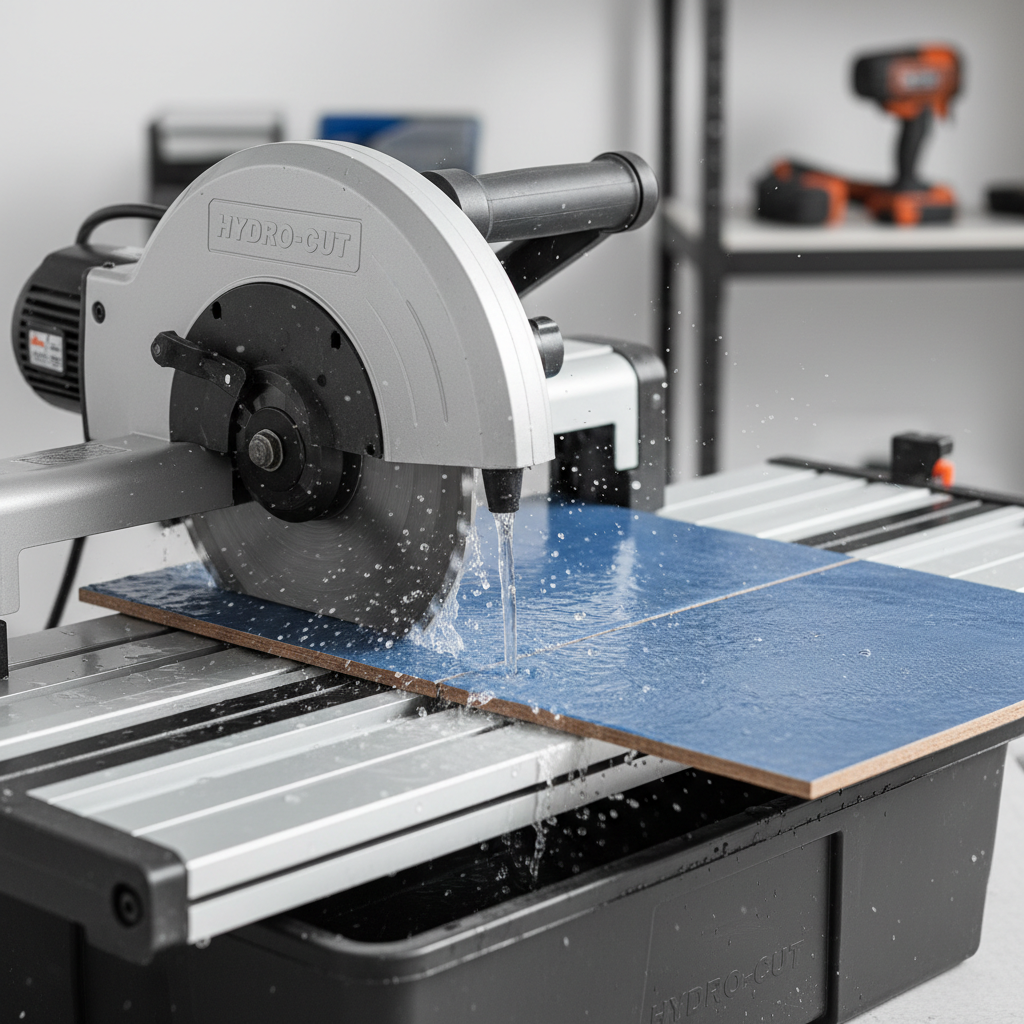 Wet tile saw cutting a ceramic floor tile with water cooling and clean straight edge