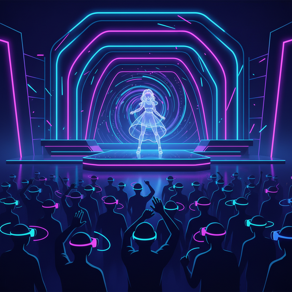 Virtual concert scene in VR with a crowd watching a holographic performer and neon lighting