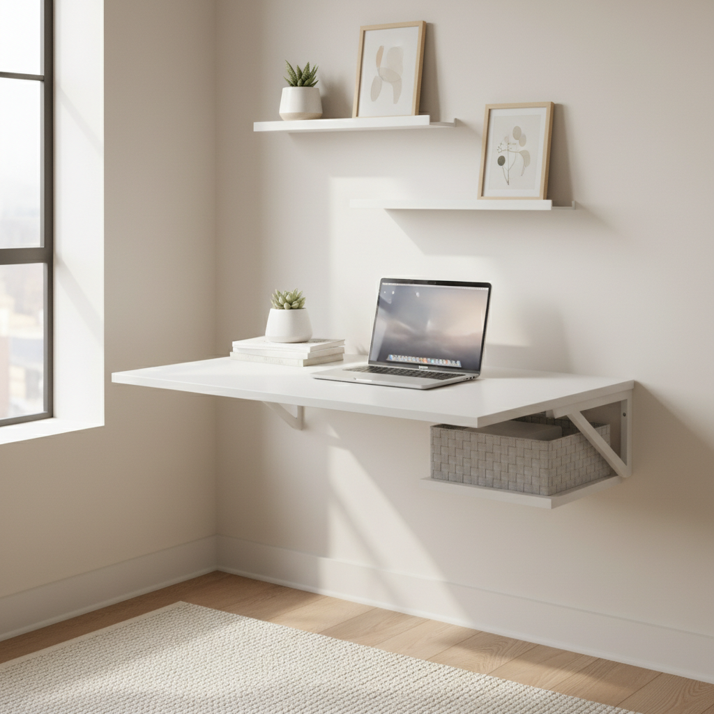 Wall-mounted fold-down desk in a small home office corner