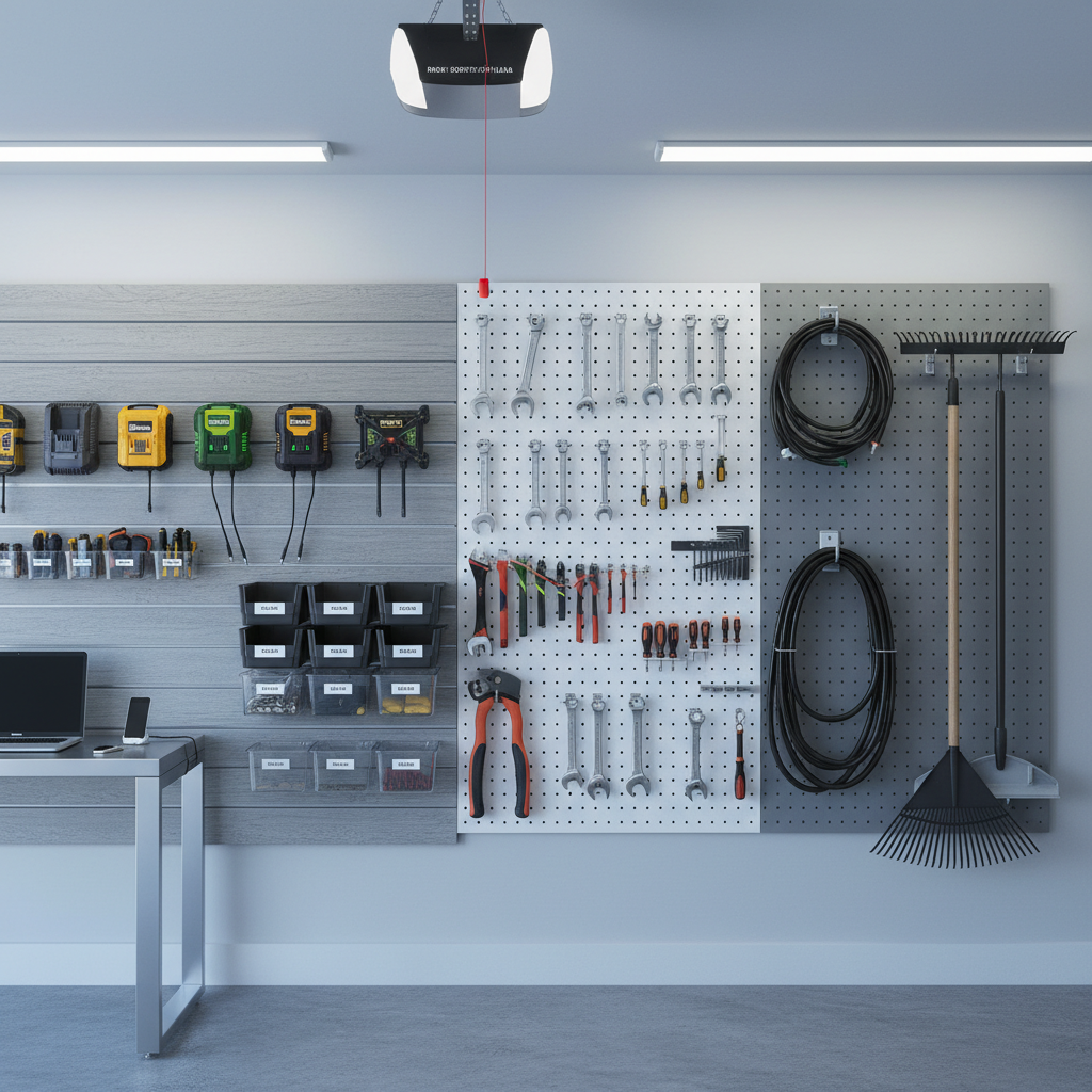 Wall-mounted pegboard and track system holding tools in a small garage storage setup