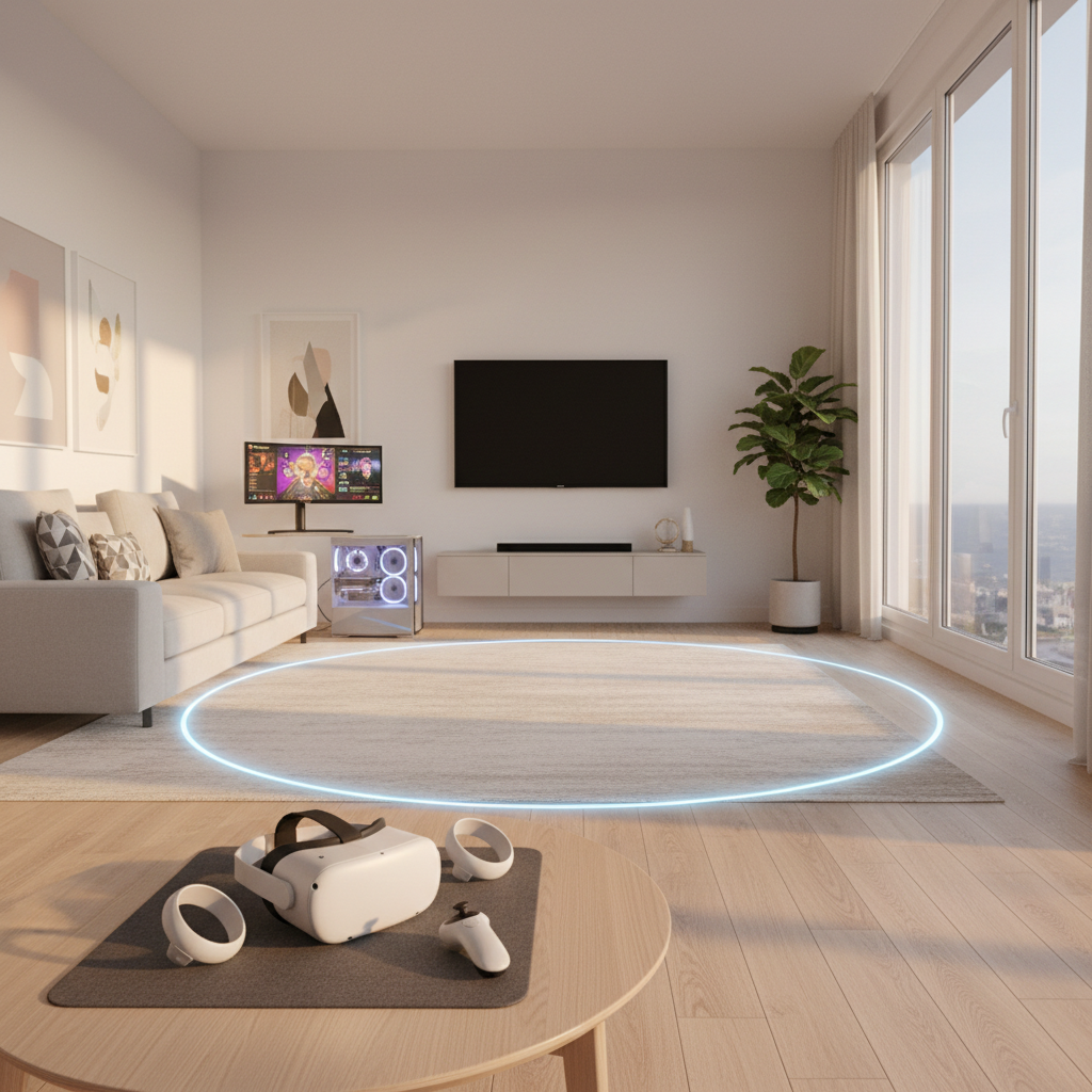 Beginner-friendly VR gaming setup in a living room with a headset, controllers, and clear play space