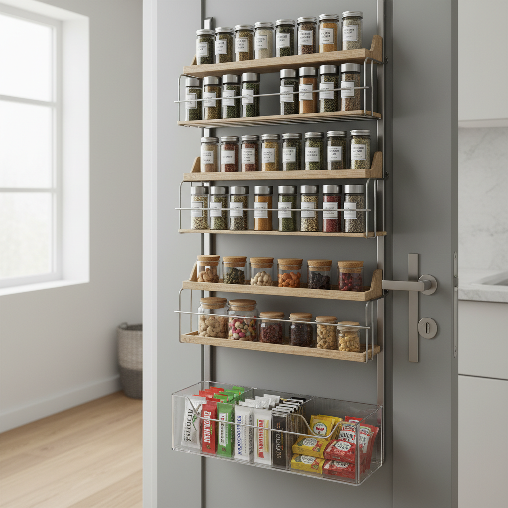Tiny pantry door storage with over-the-door rack holding spices and small jars