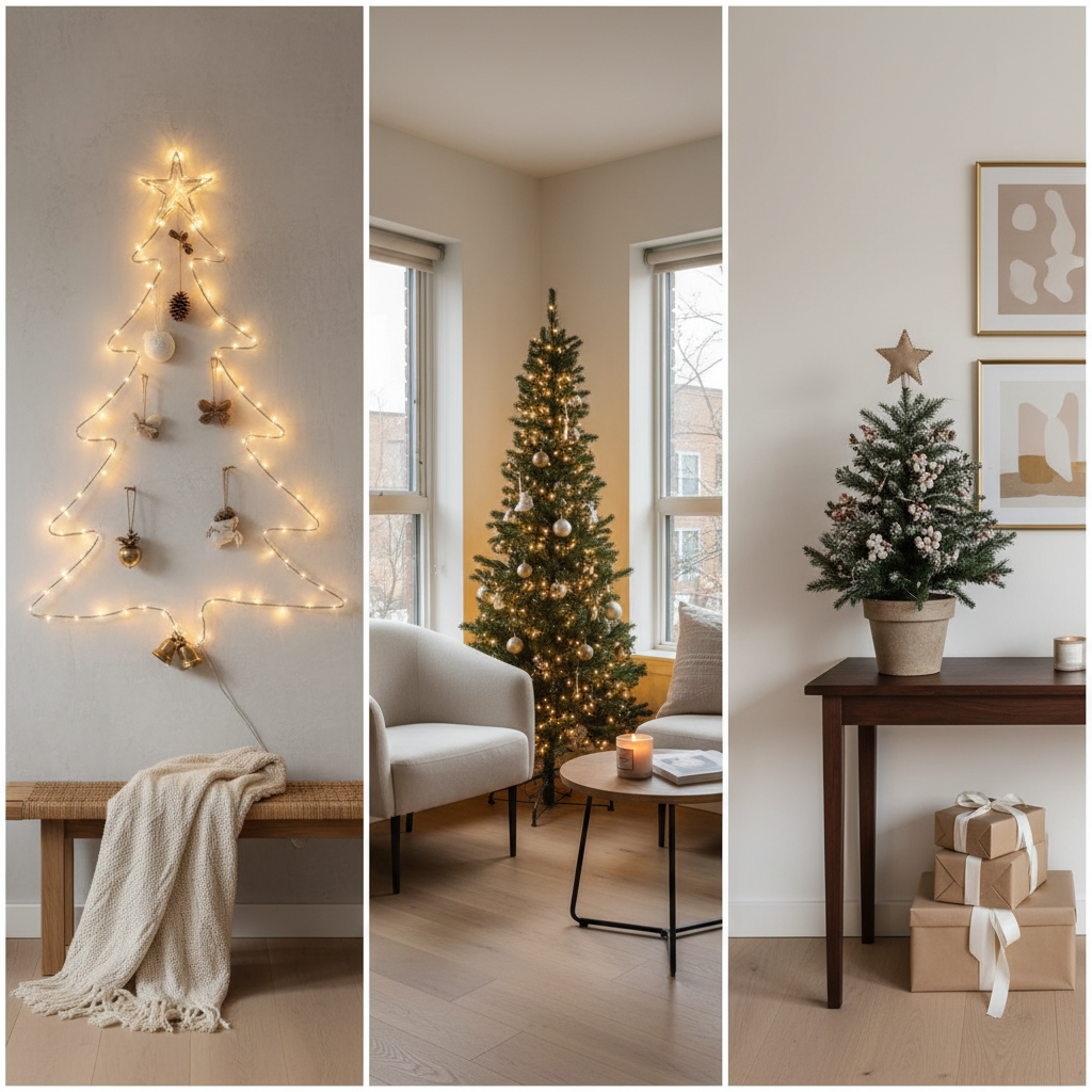 Small space Christmas tree alternatives including wall tree lights and tabletop tree