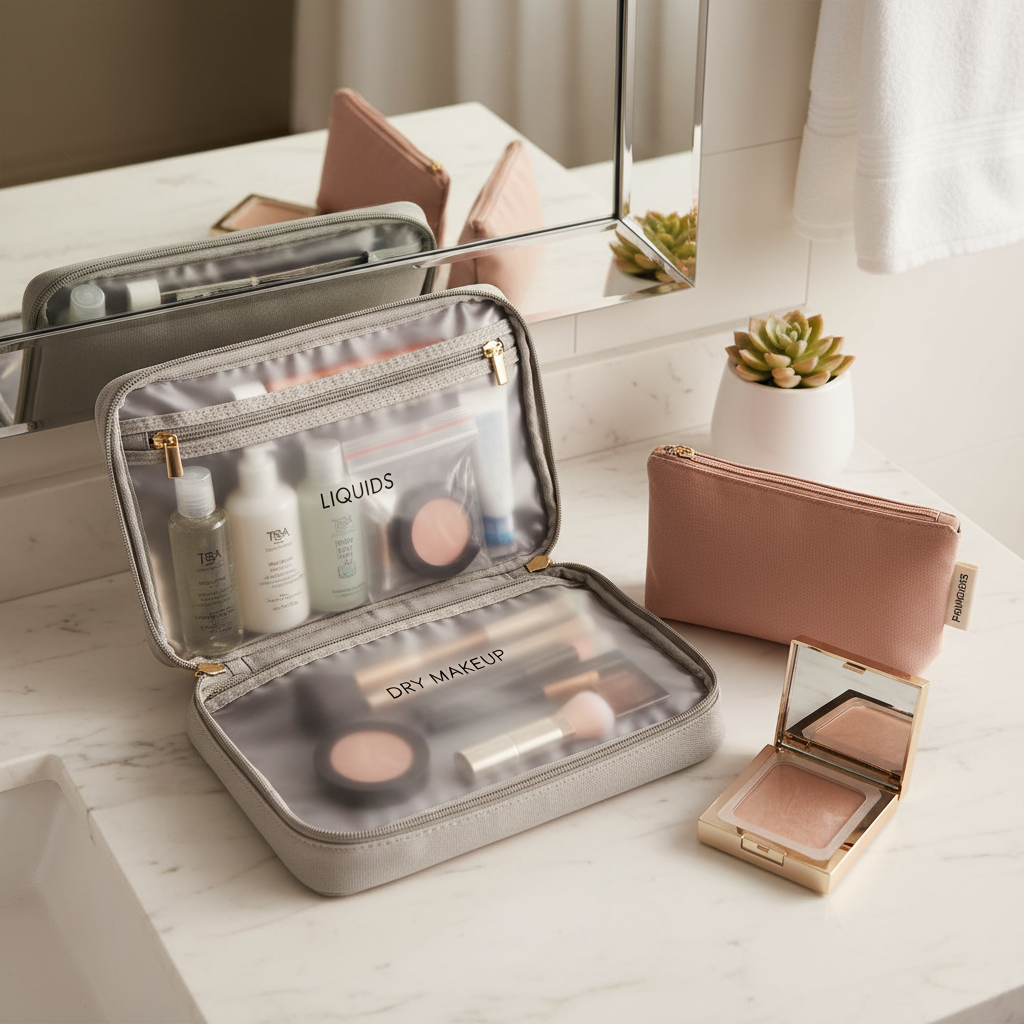 Travel-ready makeup bag zoning system with wet and dry pouches