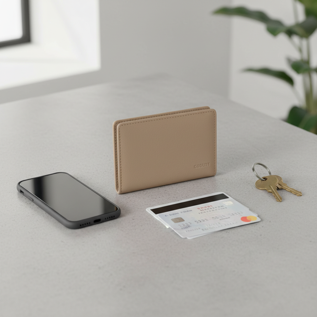 Slim minimalist women wallet next to phone keys and cards