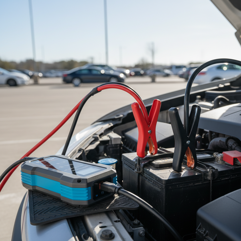 Portable jump starter connected to a car battery in a parking lot
