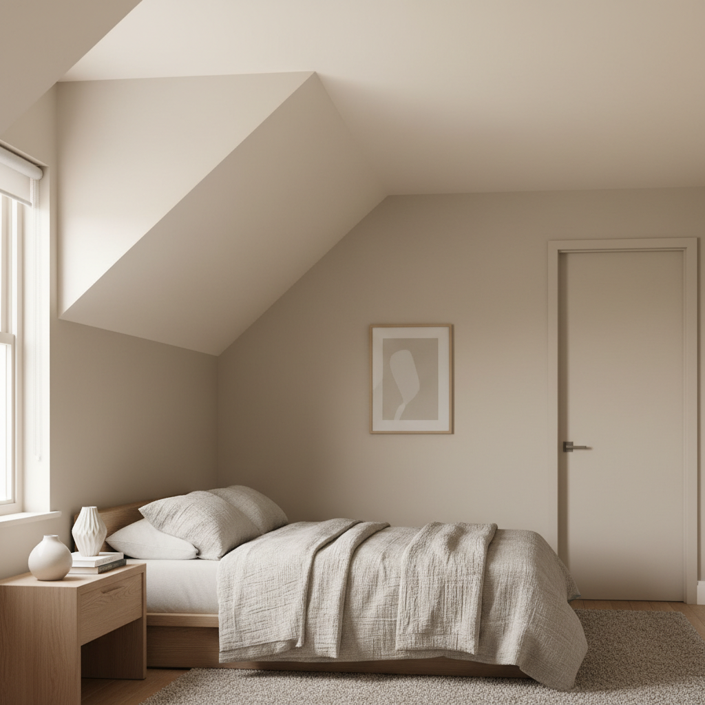 Low ceiling bedroom paint scheme with light ceiling and subtle wall color