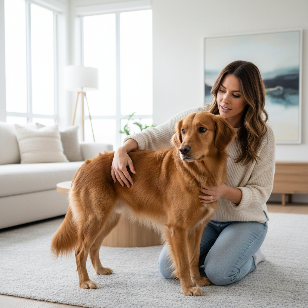 Owner checking dog body condition score by feeling ribs and waist