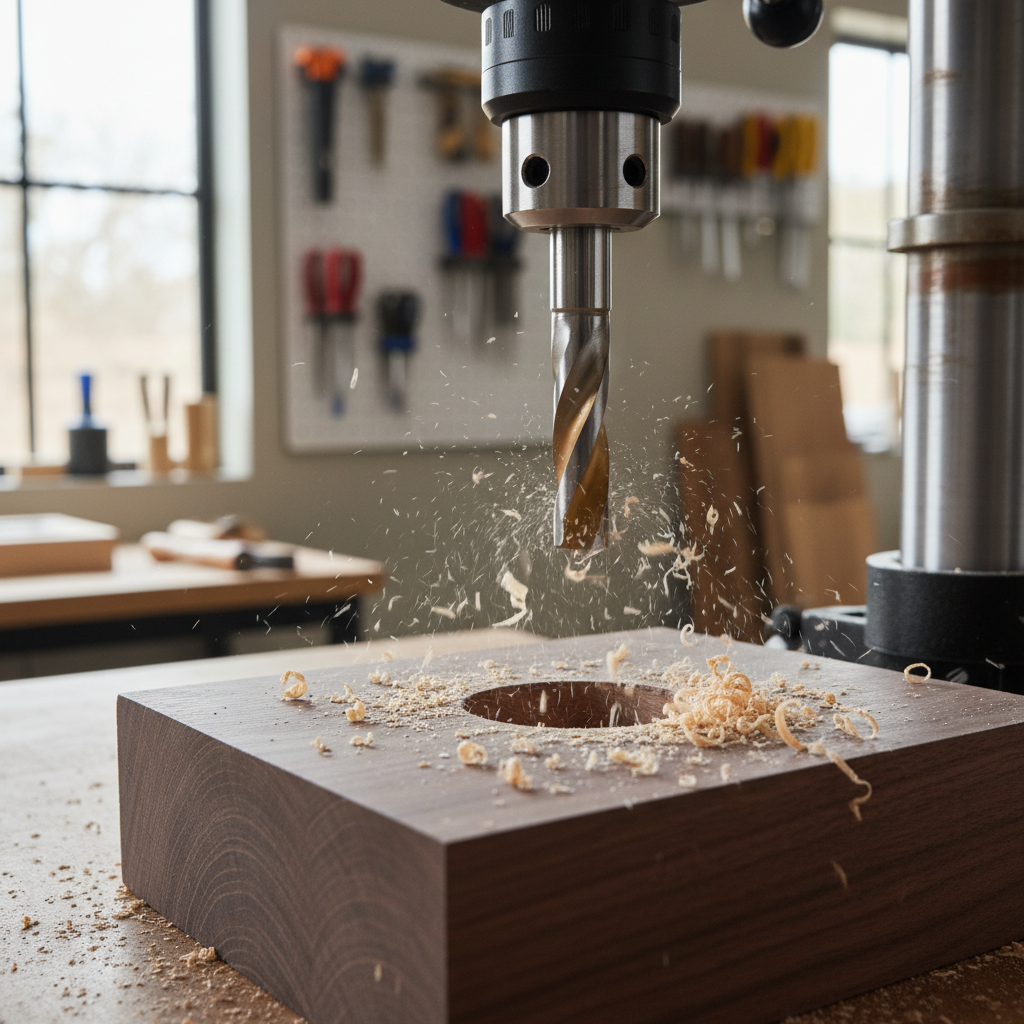 Forstner bit drilling a clean flat-bottom hole in hardwood on a drill press