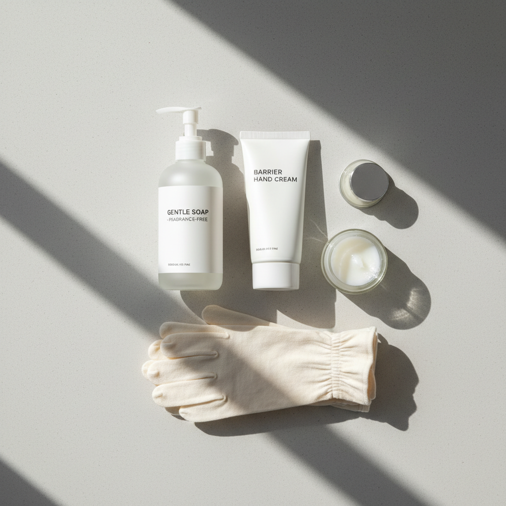 Hand care essentials: gentle soap, barrier cream, cotton gloves