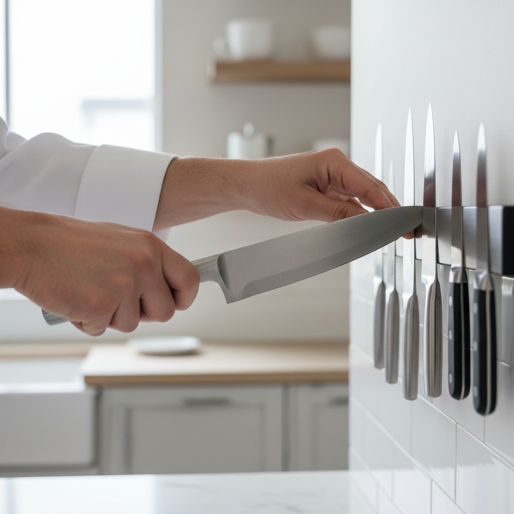 Close-up of a hand safely placing a chef knife onto a magnetic knife strip