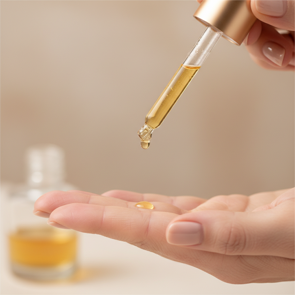 Small amount of hair oil dispensed as a pea-sized dose on fingertips