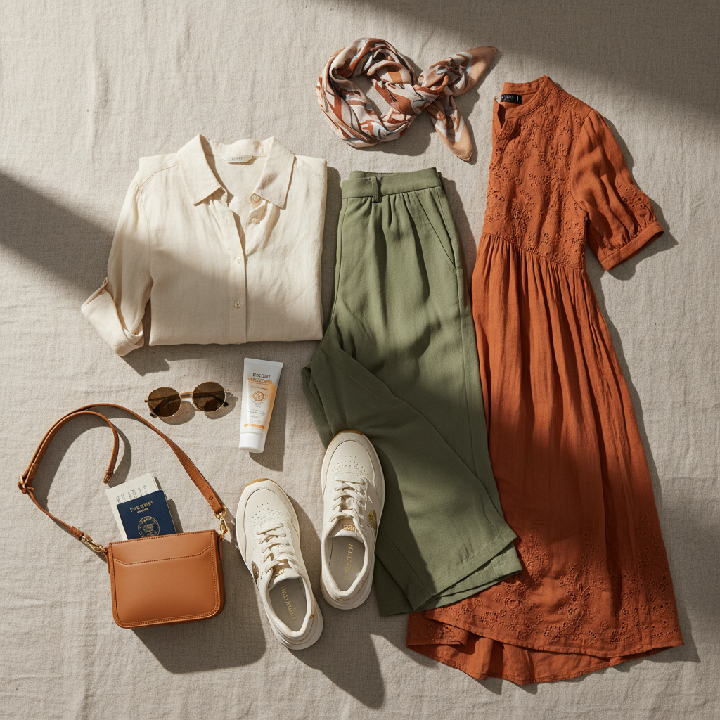 Dubai travel outfit planning with a light scarf, breathable fabrics, and comfortable shoes
