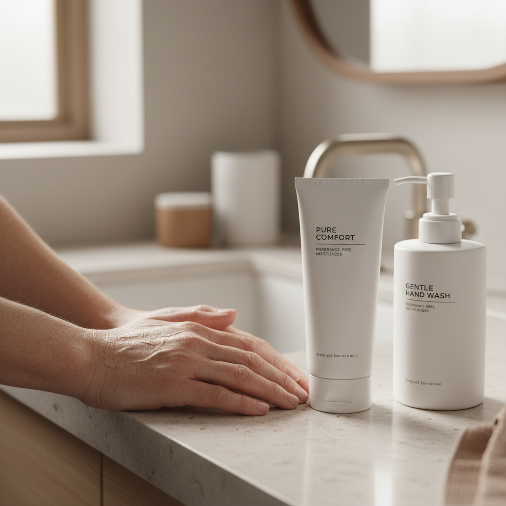 Dry cracked hands and moisturizer on a sink counter