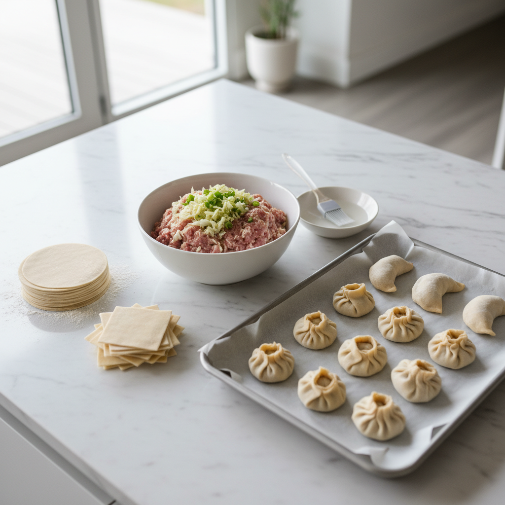 Easy homemade dumplings setup with wrappers, filling, and small bowls of water