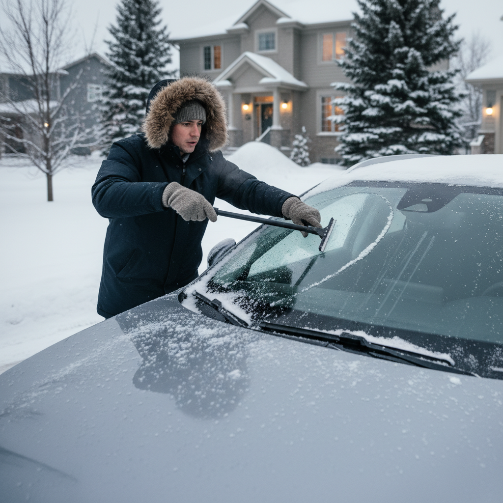 Driver clearing ice from a windshield with an ice scraper during a snowy morning