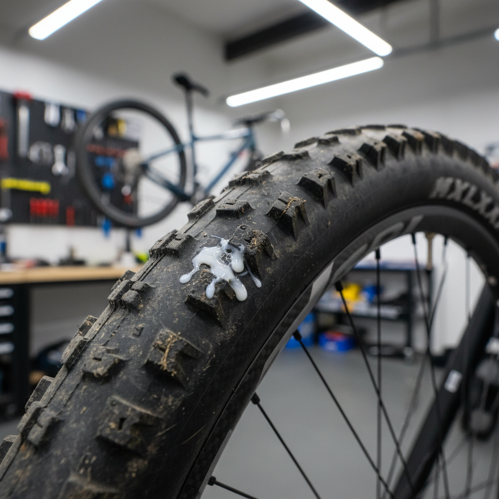 Tubeless bike tire sealant sealing a small puncture on a mountain bike wheel