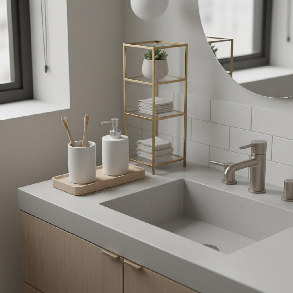 Small bathroom counter organized with tray and vertical storage