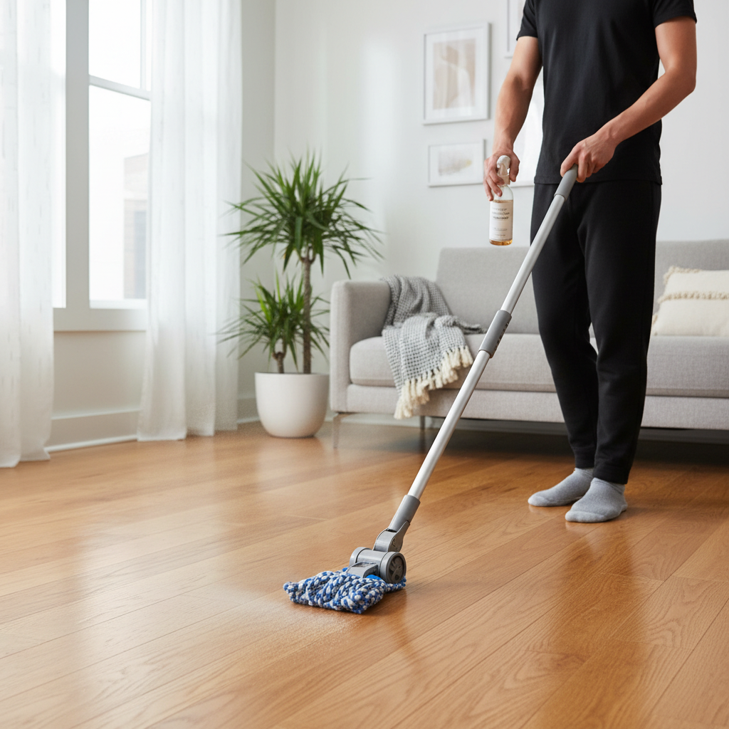Natural hardwood floor cleaning with microfiber mop and gentle spray