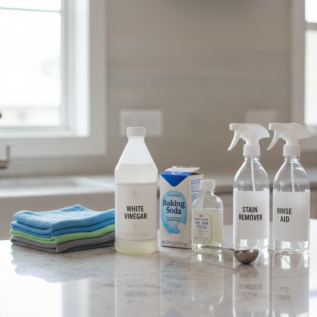 Household carpet stain cleaning kit with vinegar, baking soda, dish soap, and spray bottles