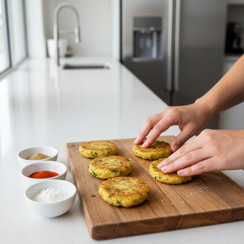 Aloo tikki mixture being shaped into patties on a cutting board