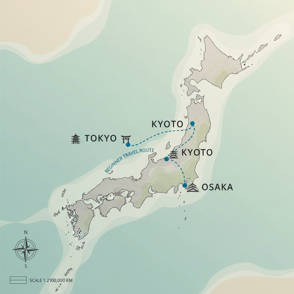 Japan beginner itinerary route Tokyo Kyoto Osaka map concept