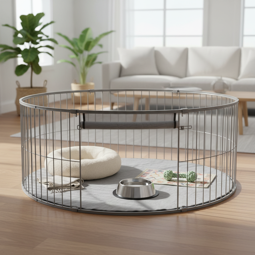 Well-organized puppy playpen with bed, water bowl, and chew toy in a safe layout