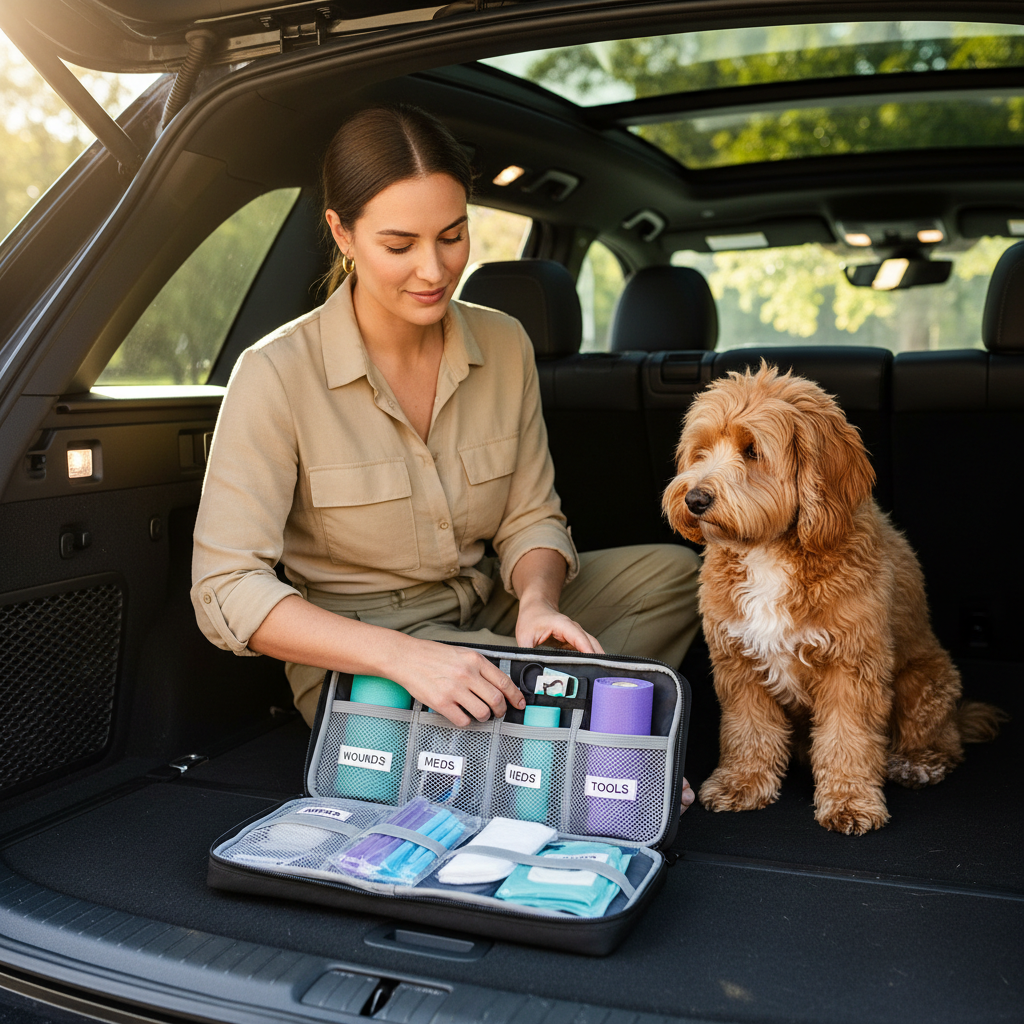 Dog owner organizing a compact pet first aid kit in a car trunk for travel