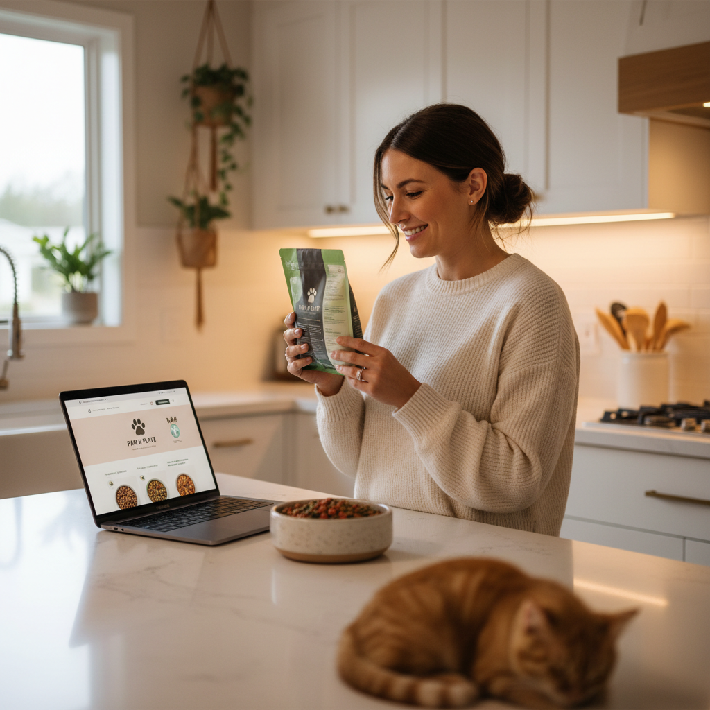 Pet owner checking pet product label and brand information