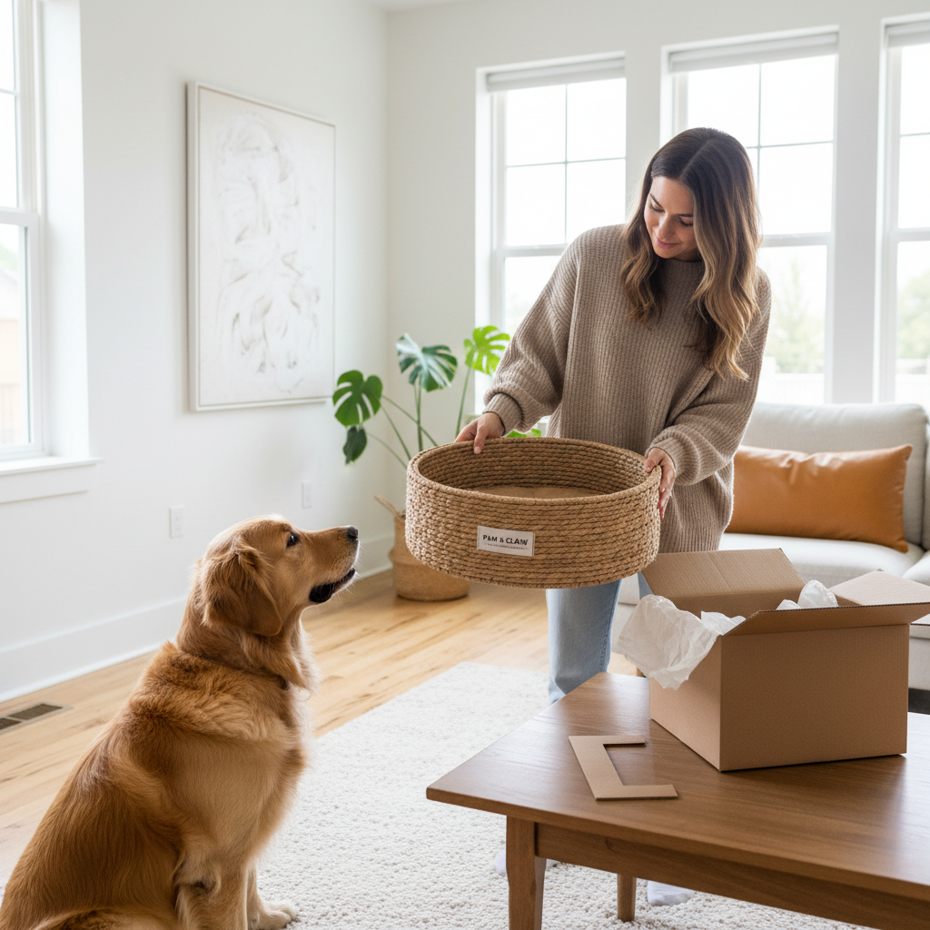 Pet owner unboxing a pet product and inspecting it carefully
