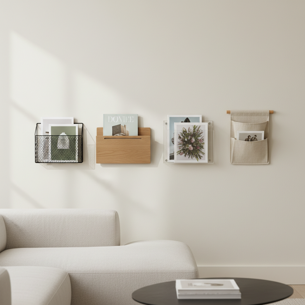 Comparison of magazine rack materials metal wood acrylic fabric in living room setting