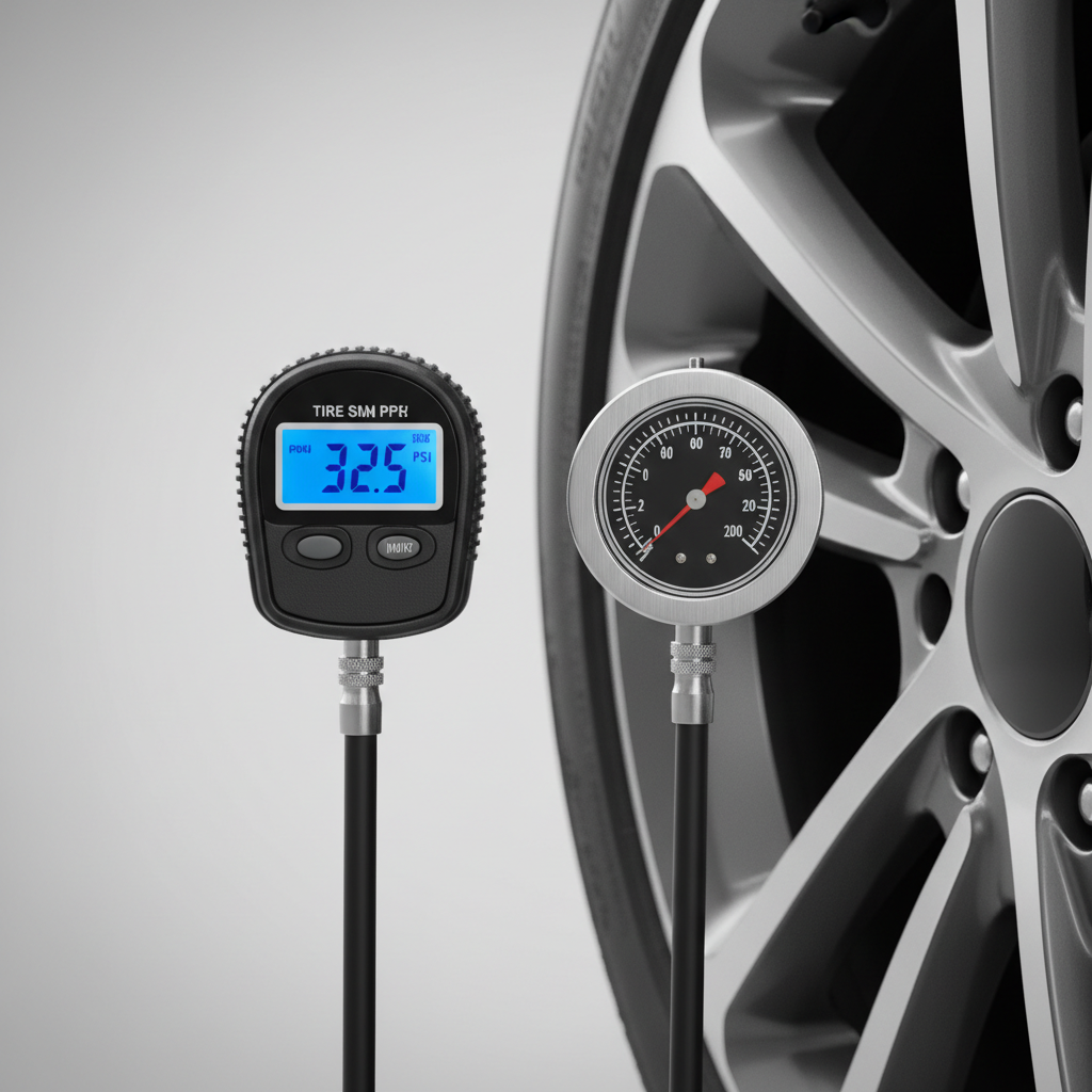 Close-up comparison of digital and analog tire pressure gauges showing different PSI readings