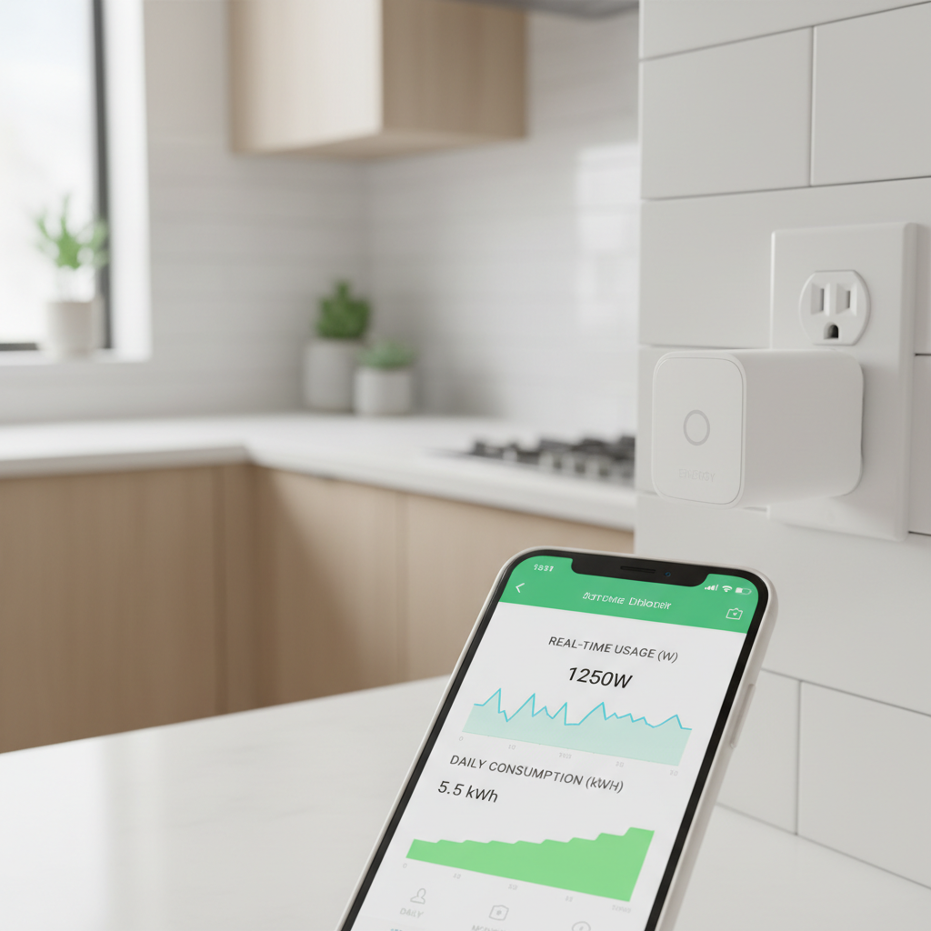 Smart plug with energy monitoring showing watts and kWh in a phone app