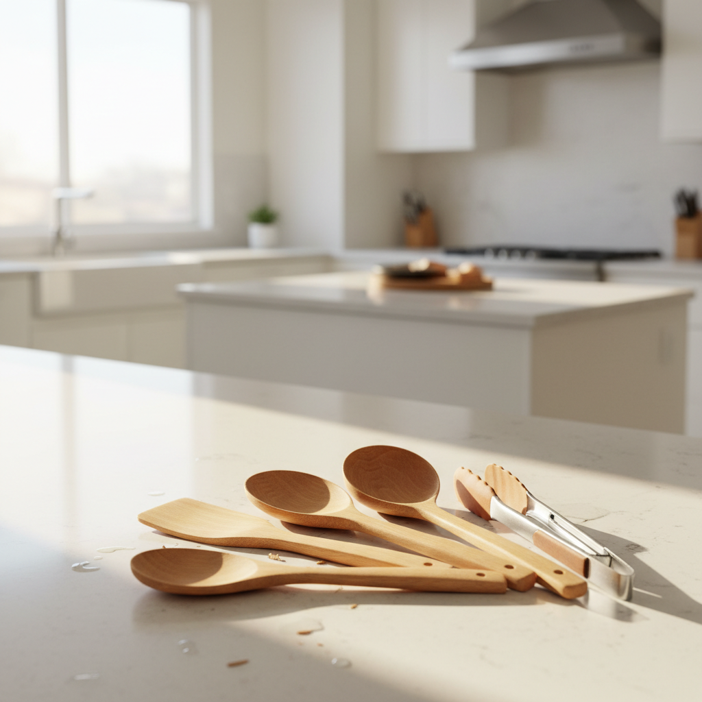 Bamboo kitchen utensils set on a modern countertop