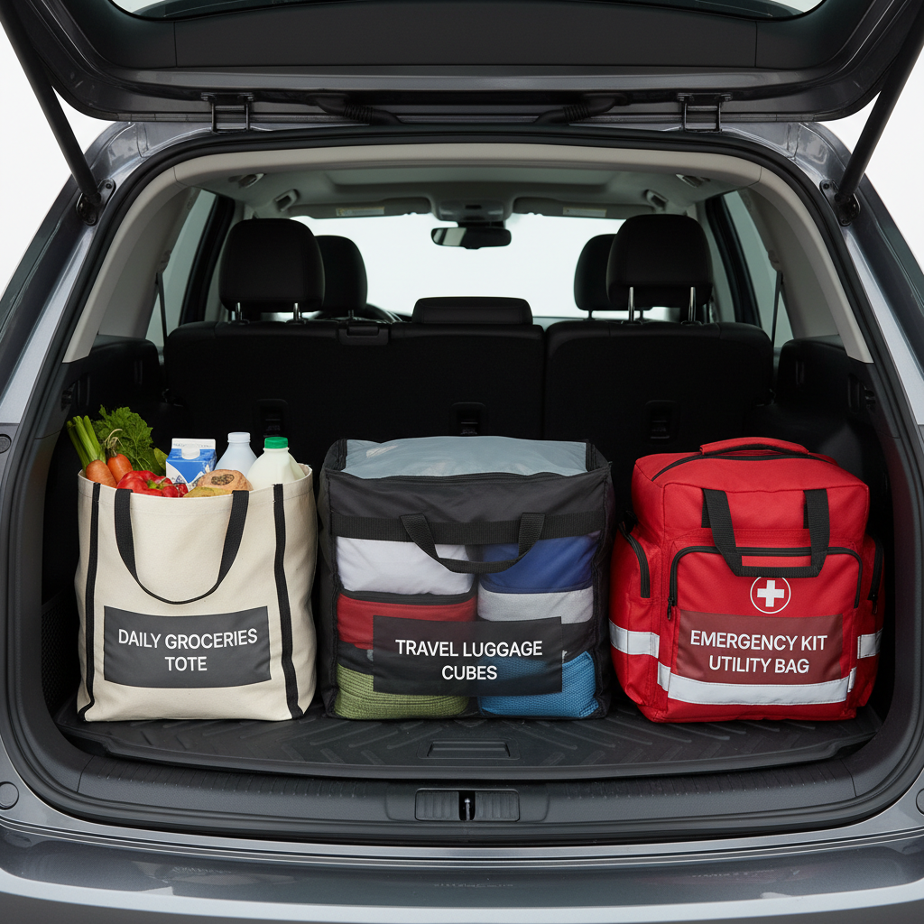 Step-by-step trunk zoning with labeled car storage bags for luggage and gear