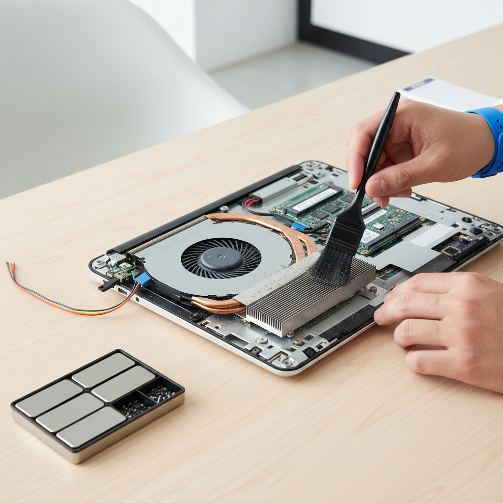 Laptop bottom cover removed showing fan and heatsink fins being cleaned
